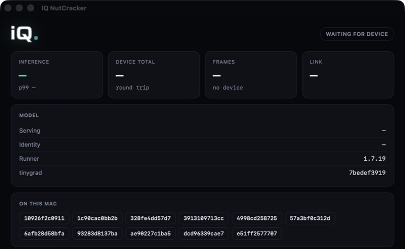 IQ NutCracker native Mac dashboard with model, connection, and inference statistics